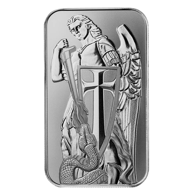 A picture of a 1 oz Archangel Michael Silver Bar
